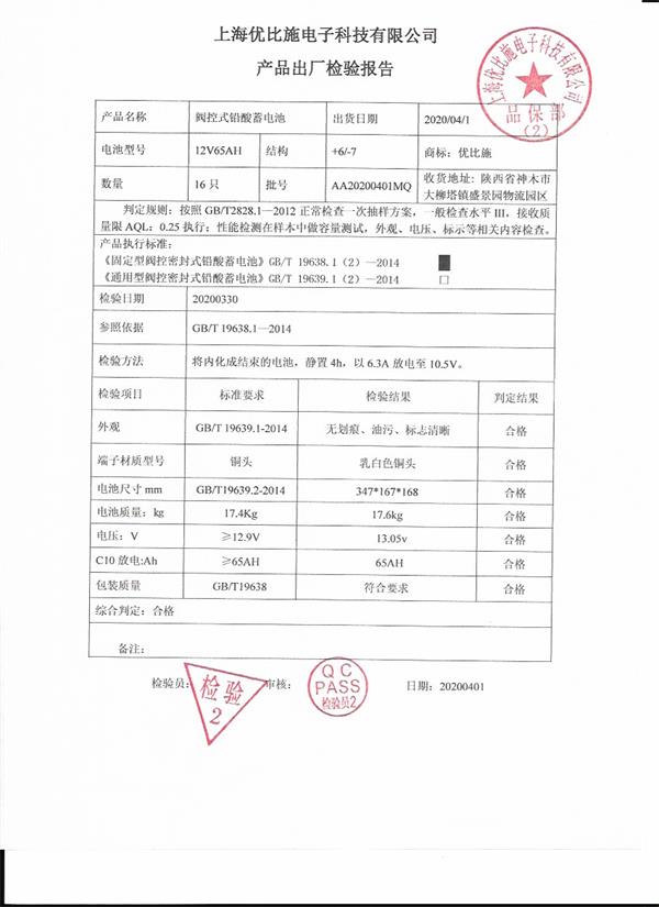 優(yōu)比施鉛酸蓄電池出廠檢驗報告